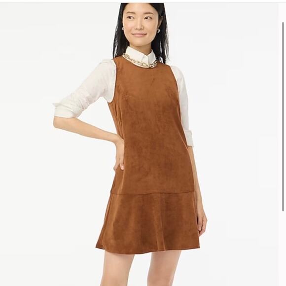 J Crew Carmel Brown Faux-suede drop-waist ruffle Sleeveless mini dress 8 - Picture 1 of 11
